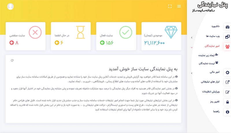 تصویری از پنل نمایندگی سایت ساز آنلاین سیم وب
